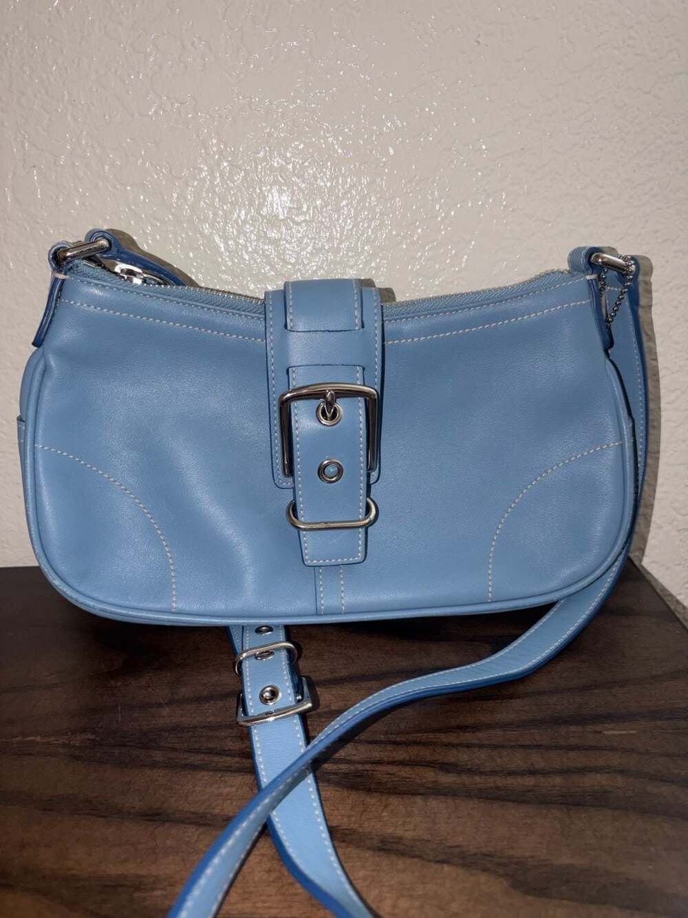 Vintage Coach Soho 9248 Sky Blue Leather Demi Buckle Shoulder Bag
